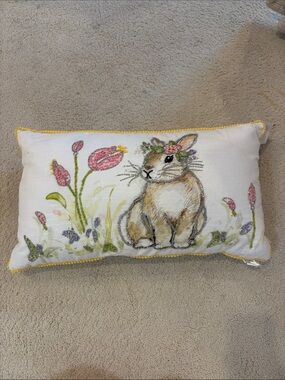 White Bunny Floral Accent Pillow with Yellow Trim